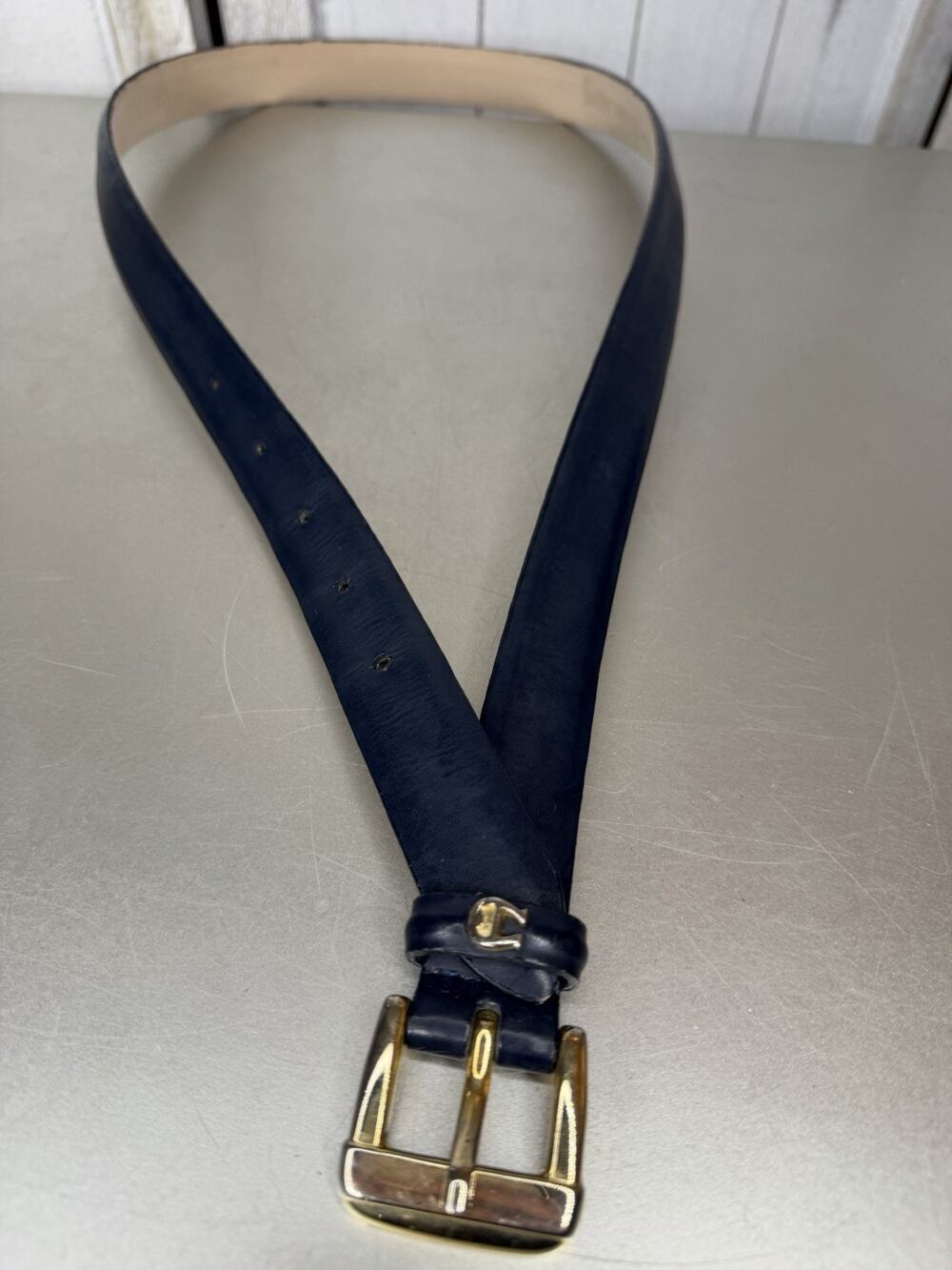 Vintage Etienne Aigner Blue Leather Belt Womens Brass Buckle & Logo Size Large